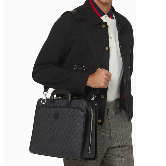 Authentic Gucci GG Supreme Briefcase Monogram Medium Messenger Bag Black Mens - Picture 1 of 12